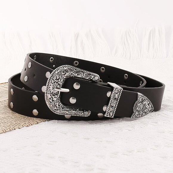 Vintage Carved Belt for Women, Punk Round Rivet Metal Embellished Belt - Picture 2 of 5